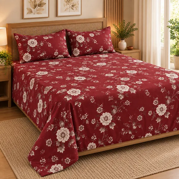 Maroon_Floral_Cotton_400_TC_Double_Bedsheet_Set_|_Bookfold_Gift_Packaging