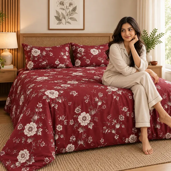 Maroon_Floral_Cotton_400_TC_Double_Bedsheet_Set_|_Bookfold_Gift_Packaging