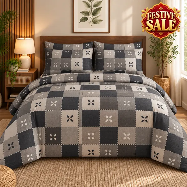 Trufinsh_Grey_Checkered_Cotton_400_TC_Double_Bedsheet_Set-Bookfold_Gift_Packaging
