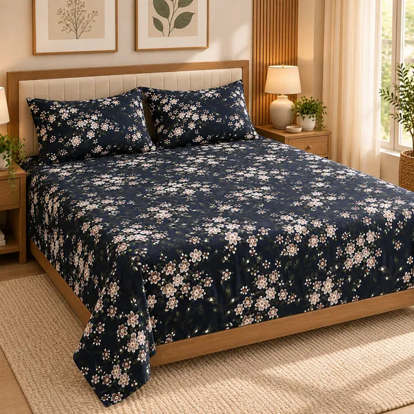 Navy_Blue_Floral_Cotton_400_TC_Double_Bedsheet_Set-Bookfold_Gift_Packaging