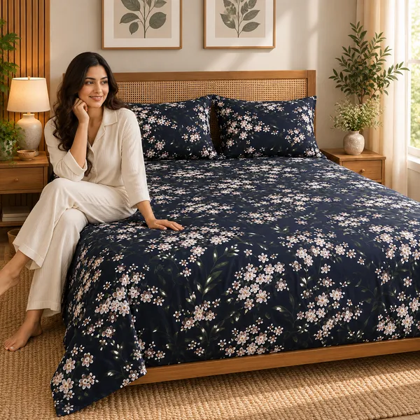 Navy_Blue_Floral_Cotton_400_TC_Double_Bedsheet_Set-Bookfold_Gift_Packaging