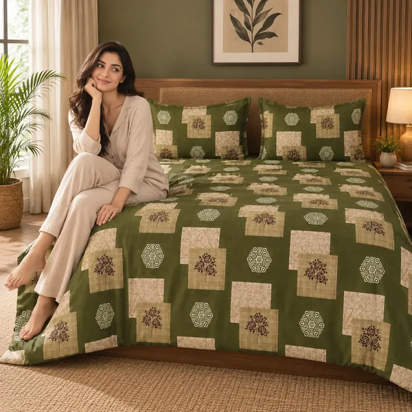 Olive_Green_Cotton_400_TC_Double_Bedsheet_Set_|_Bookfold_Gift_Packaging