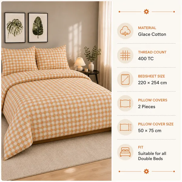 Orange_Gingham_Floral_Cotton_Bedsheet_Set_|_Bookfold_Gift_Packaging