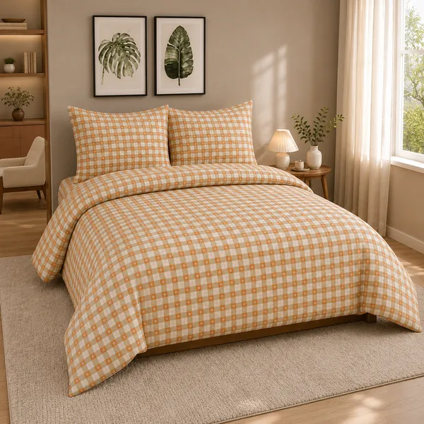 Orange_Gingham_Floral_Cotton_Bedsheet_Set_|_Bookfold_Gift_Packaging