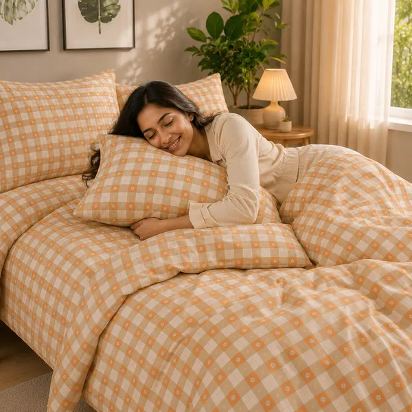 Orange_Gingham_Floral_Cotton_Bedsheet_Set_|_Bookfold_Gift_Packaging