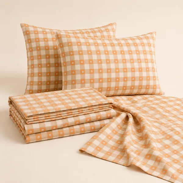 Orange_Gingham_Floral_Cotton_Bedsheet_Set_|_Bookfold_Gift_Packaging