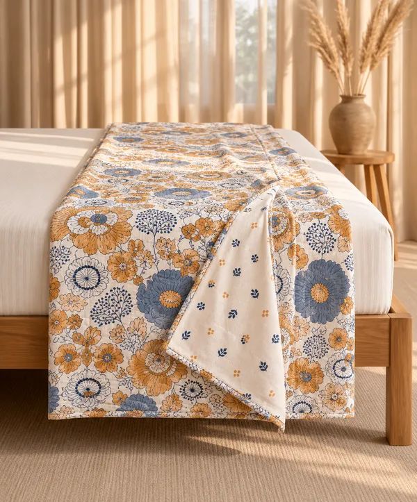 Trufinsh_100%_Cotton_Single_Bed_Dohar_(1_Piece)_,_3-Layer_Reversible_Dohar,_Lightweight_AC_Blanket,_Summer_Blanket,_Blue_Mustard_Floral_Print