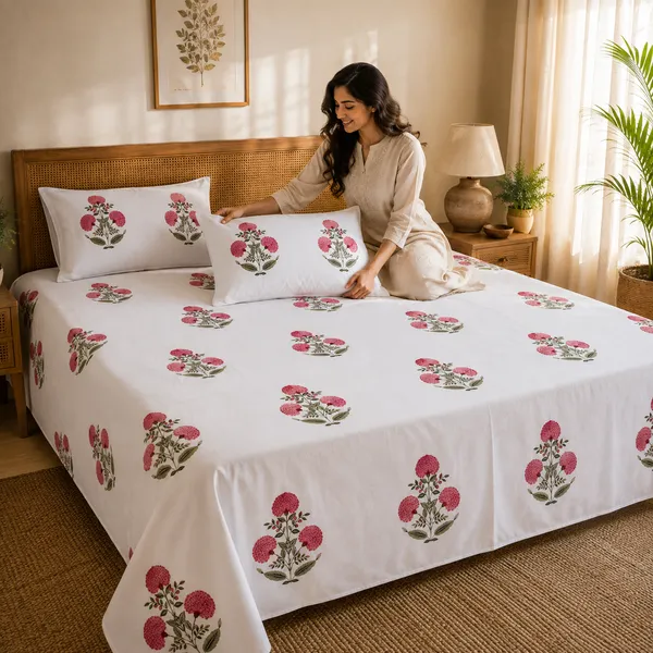 Pink_Floral_Handloom_Bedsheet_Set_with_2_Pillow_Covers_|__Gift_Packaging