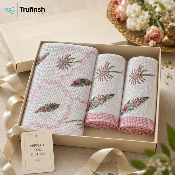 Trufinsh_Pink_Floral_Printed_Waffle_Towel_Set_–_3_Piece