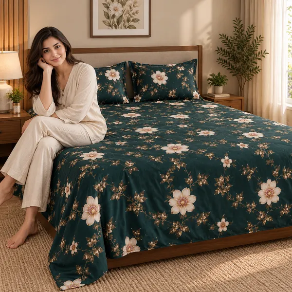 Teal_Floral_Cotton_400_TC_Double_Bedsheet_Set_|_Bookfold_Gift_Packaging