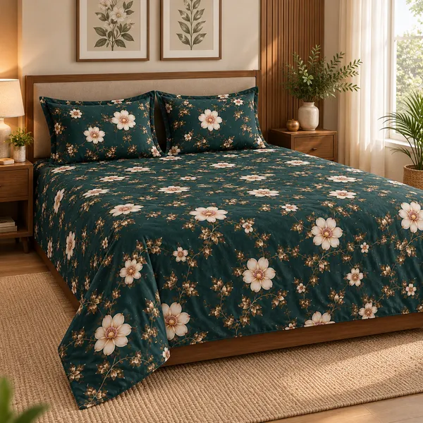 Teal_Floral_Cotton_400_TC_Double_Bedsheet_Set_|_Bookfold_Gift_Packaging