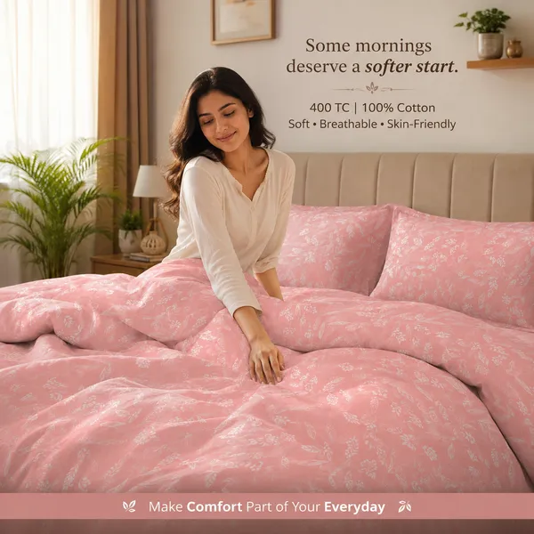Peach_Floral_Pure_Cotton_Double_Bedsheet_Set_|__Gift_Packaging