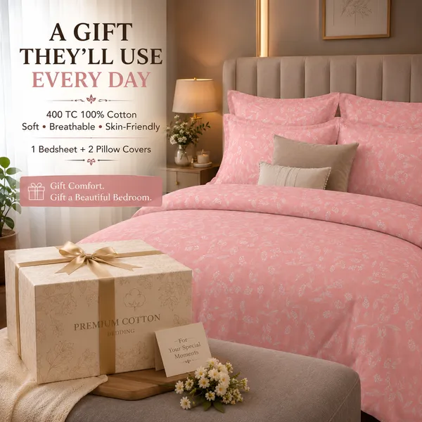 Peach_Floral_Pure_Cotton_Double_Bedsheet_Set_|__Gift_Packaging