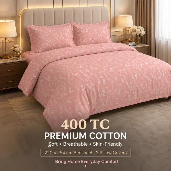Peach_Floral_Pure_Cotton_Double_Bedsheet_Set_|__Gift_Packaging