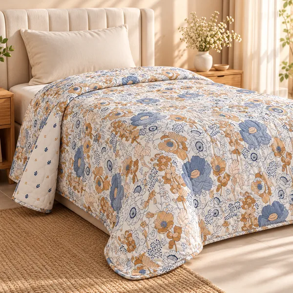 Trufinsh_100%_Cotton_Single_Bed_Dohar_(1_Piece)_,_3-Layer_Reversible_Dohar,_Lightweight_AC_Blanket,_Summer_Blanket,_Blue_Mustard_Floral_Print