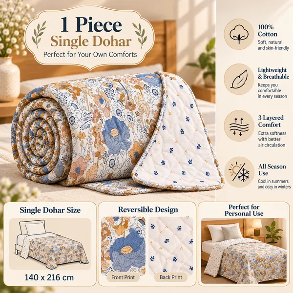 Trufinsh_100%_Cotton_Single_Bed_Dohar_(1_Piece)_,_3-Layer_Reversible_Dohar,_Lightweight_AC_Blanket,_Summer_Blanket,_Blue_Mustard_Floral_Print