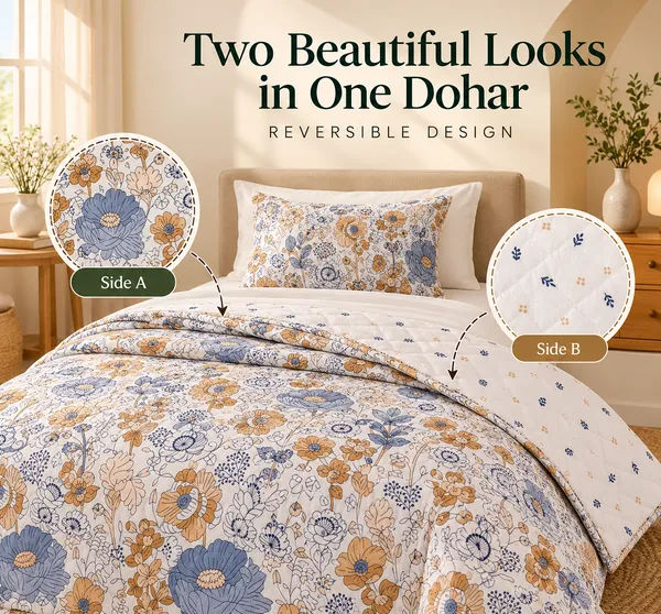 Trufinsh_100%_Cotton_Single_Dohar_Set_of_2,_(1_Pair)_,_3-Layer_Reversible_Dohar_,_Lightweight_AC_Blanket,_Summer_Blanket,_Blue_Mustard_Floral_Print