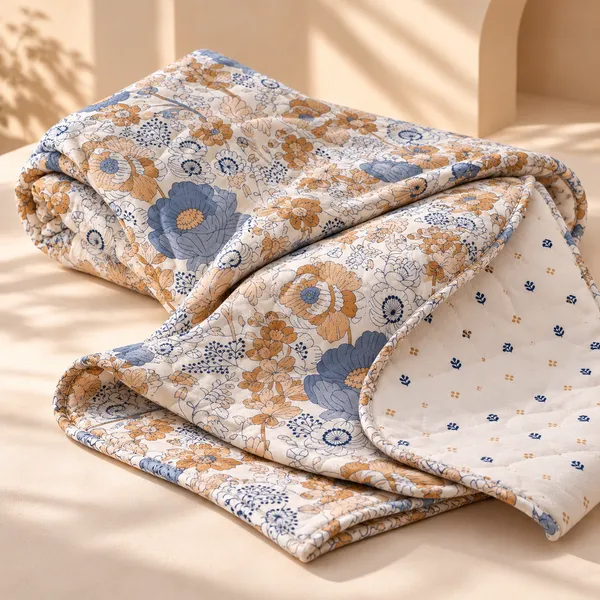 Trufinsh_100%_Cotton_Single_Dohar_Set_of_2,_(1_Pair)_,_3-Layer_Reversible_Dohar_,_Lightweight_AC_Blanket,_Summer_Blanket,_Blue_Mustard_Floral_Print