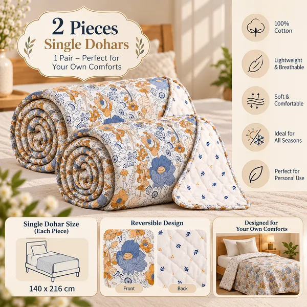Trufinsh_100%_Cotton_Single_Dohar_Set_of_2,_(1_Pair)_,_3-Layer_Reversible_Dohar_,_Lightweight_AC_Blanket,_Summer_Blanket,_Blue_Mustard_Floral_Print