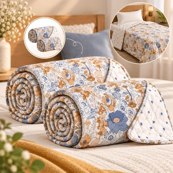 Trufinsh_100%_Cotton_Single_Dohar_Set_of_2,_(1_Pair)_,_3-Layer_Reversible_Dohar_,_Lightweight_AC_Blanket,_Summer_Blanket,_Blue_Mustard_Floral_Print