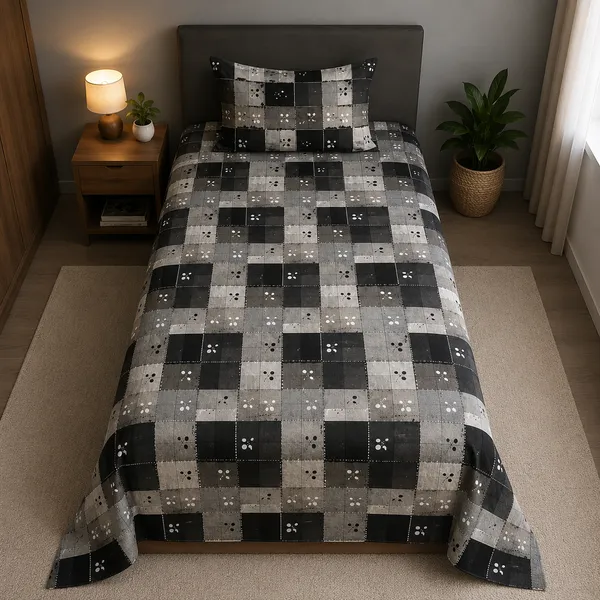 Trufinsh_Black_&_Grey_Printed_Checkered_Single_Bedsheet_with_1_Pillow_Cover