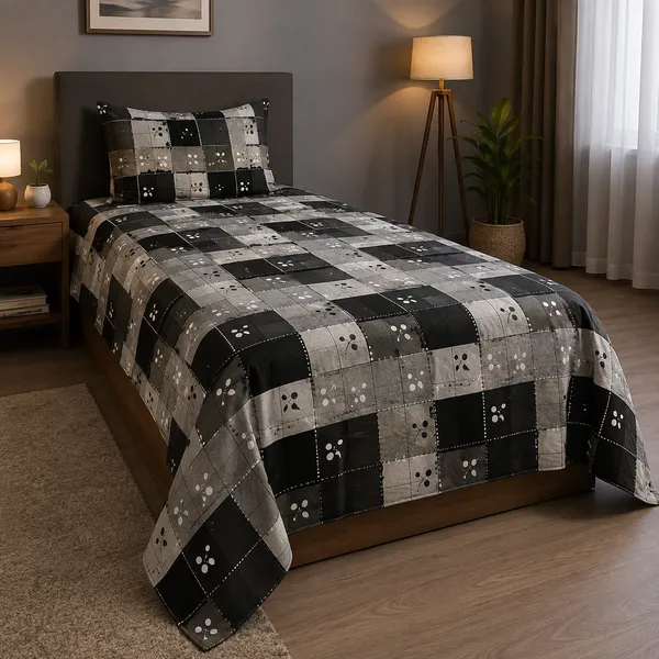 Trufinsh_Black_&_Grey_Printed_Checkered_Single_Bedsheet_with_1_Pillow_Cover
