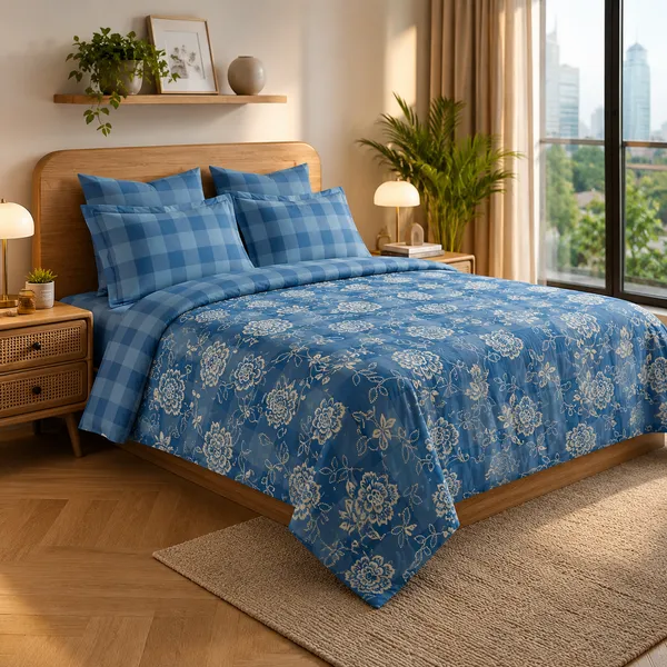 Blue_Check_Floral_Bedsheet_Set_–_Cotton