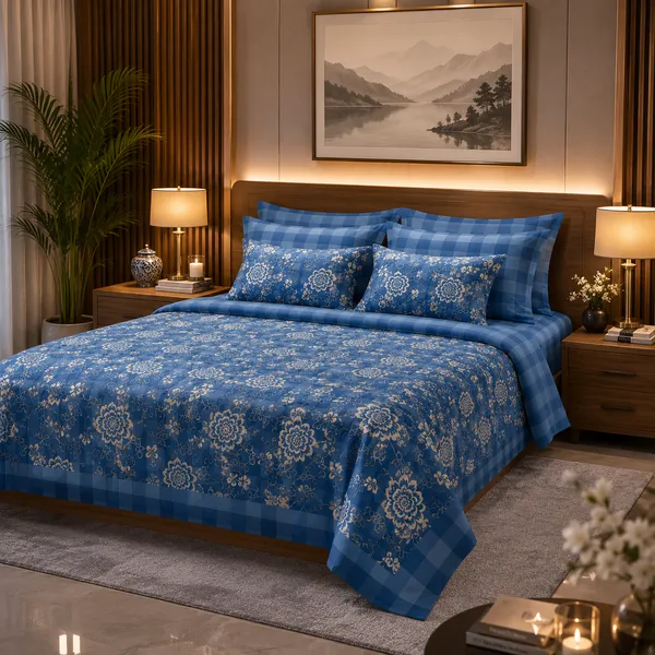 Blue_Check_Floral_Bedsheet_Set_–_Cotton