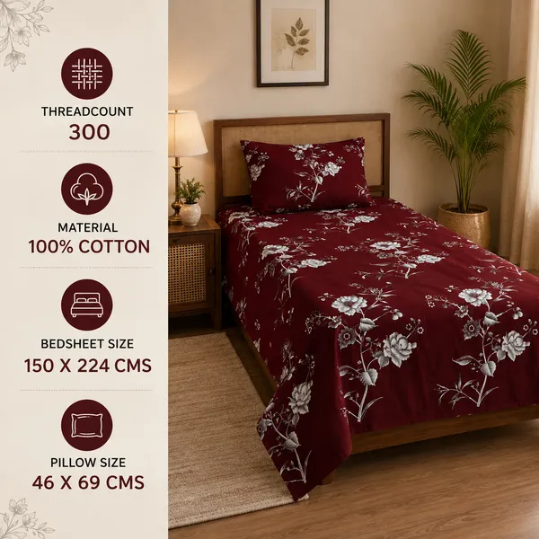 Trufinsh_Floral_Printed_Burgundy_Single_Bedsheet_with_1_Pillow_Cover