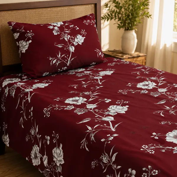Trufinsh_Floral_Printed_Burgundy_Single_Bedsheet_with_1_Pillow_Cover