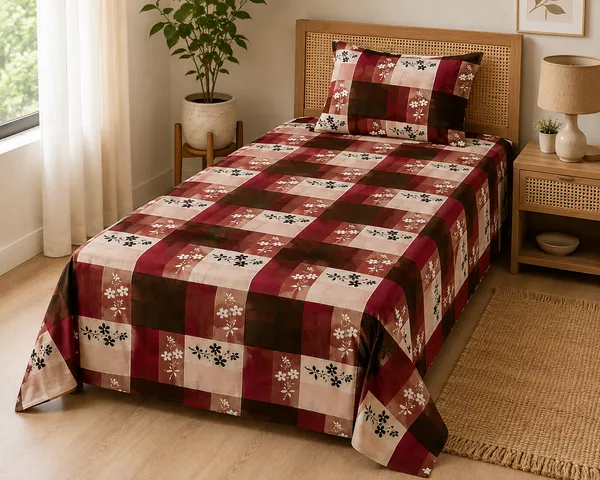 Trufinsh_Burgundy_&_Brown_Checkered_Printed_Single_Bedsheet_with_1_Pillow_Cover