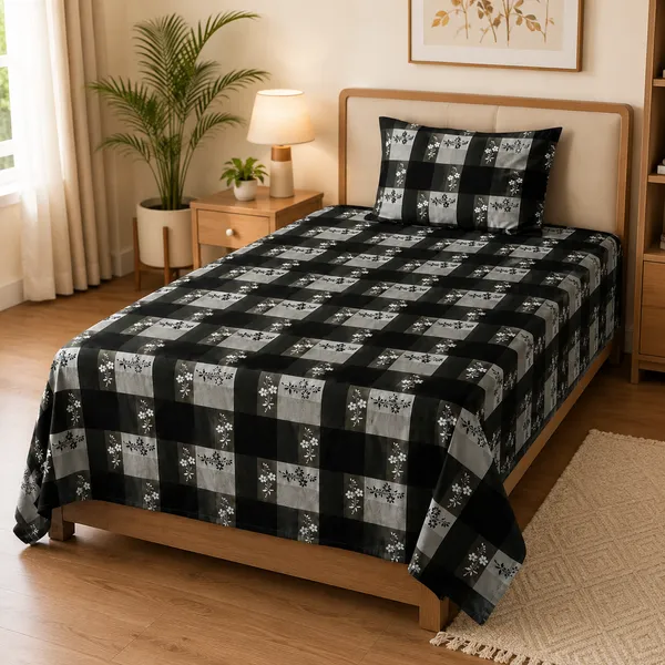 Trufinsh_Black_&_Grey_Checkered_Single_Bedsheet_with_1_Pillow_Cover