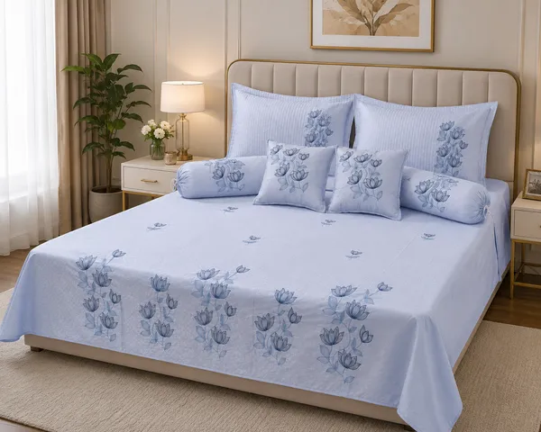 Trufinsh_Powder_Blue_Lotus_Embroidered_King_Bedsheet_–_7_Pc_Set