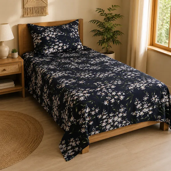 Trufinsh_Blue_Floral_Printed_Single_Bedsheet_with_1_Pillow_Cover
