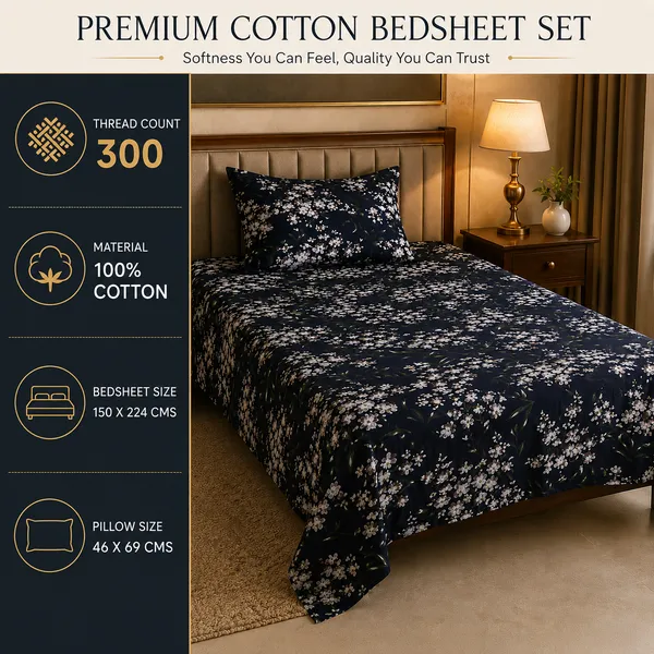 Trufinsh_Blue_Floral_Printed_Single_Bedsheet_with_1_Pillow_Cover