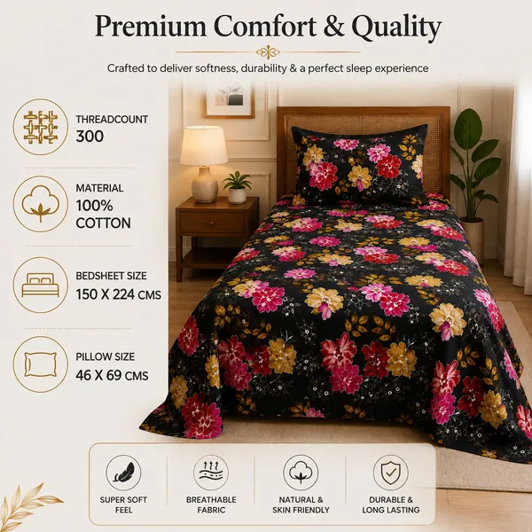Trufinsh_Multicolor_Floral_Printed_Black_Single_Bedsheet_with_1_Pillow_Cover