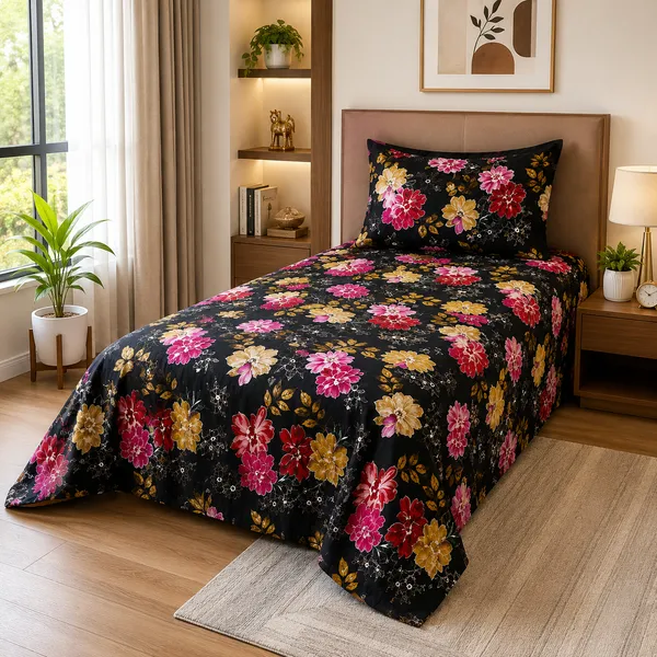 Trufinsh_Multicolor_Floral_Printed_Black_Single_Bedsheet_with_1_Pillow_Cover
