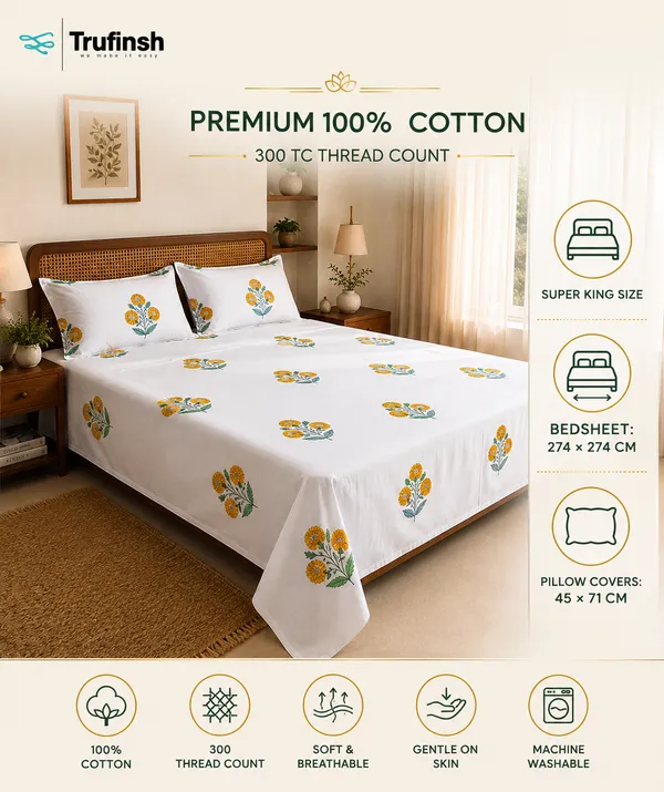 Yellow_Floral_Handloom_Cotton_Bedsheet_Set_with_2_Pillow_Covers_|_Gift_Packaging