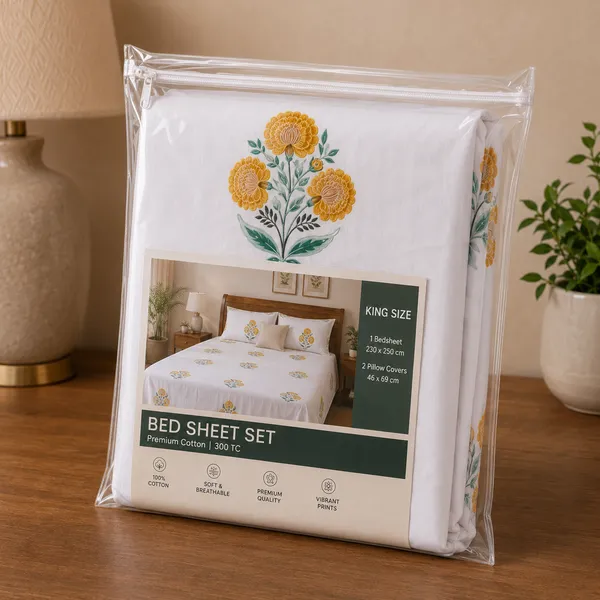 Yellow_Floral_Handloom_Cotton_Bedsheet_Set_with_2_Pillow_Covers_|_Gift_Packaging
