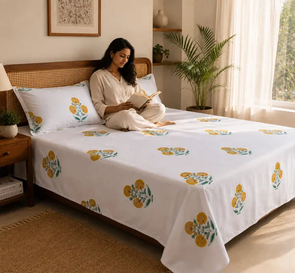 Yellow_Floral_Handloom_Cotton_Bedsheet_Set_with_2_Pillow_Covers_|_Gift_Packaging