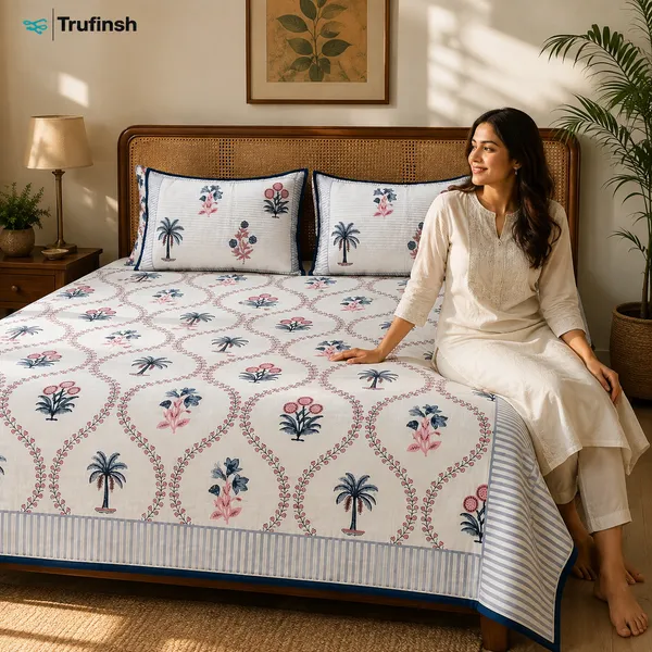 Blue_Floral_Handloom_Cotton_Bedsheet_with_2_Quilted_Pillow_Covers_|__Gift_Packaging