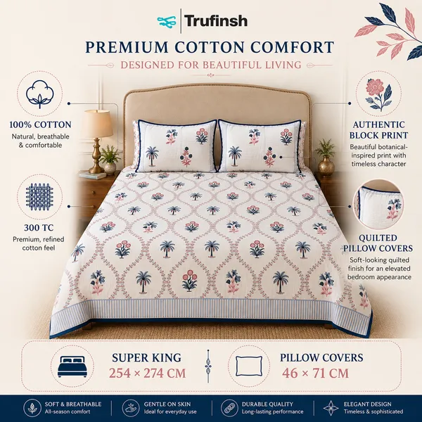 Blue_Floral_Handloom_Cotton_Bedsheet_with_2_Quilted_Pillow_Covers_|__Gift_Packaging