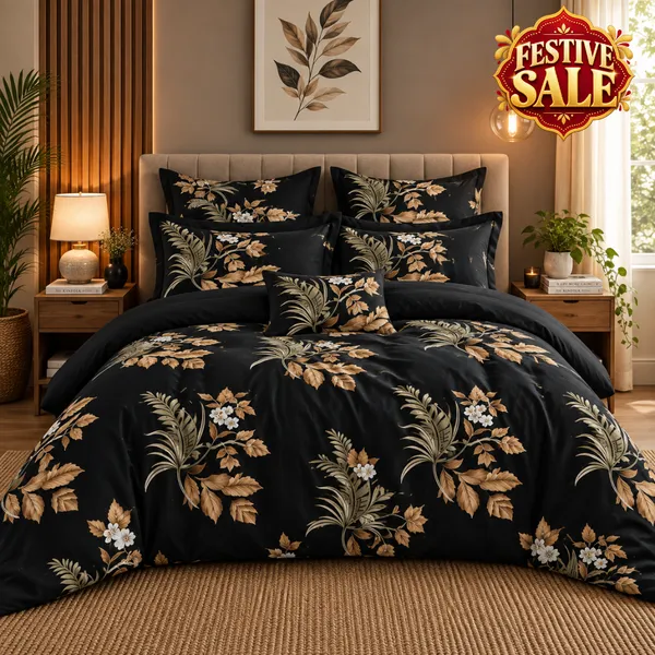 Trufinsh_Black_Floral_Cotton_400_TC_Double_Bedsheet_Set_|_Bookfold_Gift_Packaging