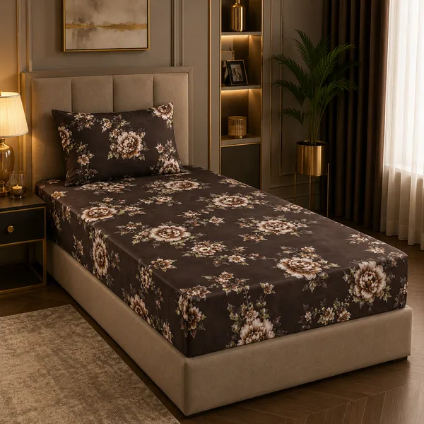 Trufinsh_Elegant_Floral_Printed_Brown_Single_Bedsheet_with_1_Pillow_Cover