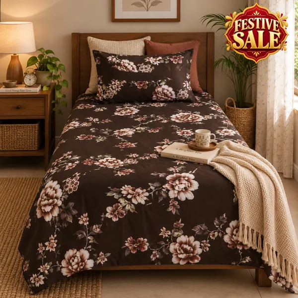 Trufinsh_Elegant_Floral_Printed_Brown_Single_Bedsheet_with_1_Pillow_Cover