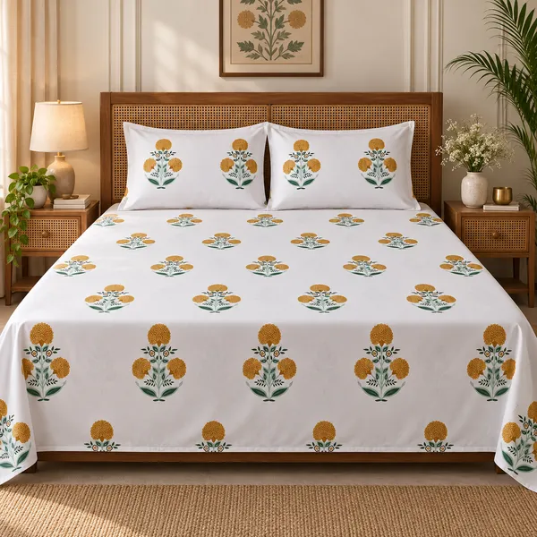 Yellow_Floral_Handloom_Cotton_Bedsheet_Set_with_2_Pillow_Covers_|_Gift_Packaging