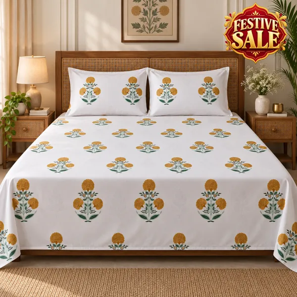 Trufinsh_Yellow_Floral_Handloom_Cotton_Bedsheet_Set_with_2_Pillow_Covers_|_Gift_Packaging