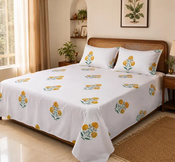 Yellow_Floral_Handloom_Cotton_Bedsheet_Set_with_2_Pillow_Covers_|_Gift_Packaging