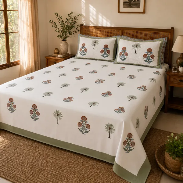 Floral_Handloom_Cotton_Bedsheet_Set_with_2_Quilted_Pillow_Covers_|__Gift_Packaging