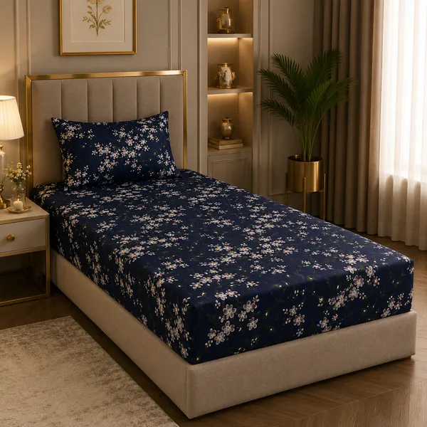 Trufinsh_Blue_Floral_Printed_Single_Bedsheet_with_1_Pillow_Cover
